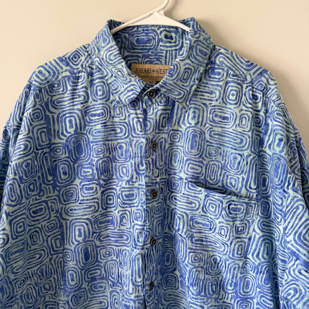 Johari West Mens 3XLT Blue Batik Cotton Short Sleeve Button Down Shirt Geometric